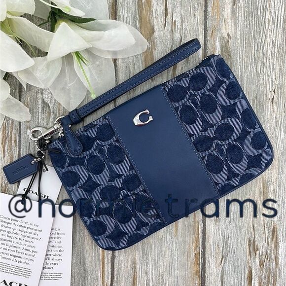 Coach Large Demi Blue Wristlet in Denim Signature Canvas Walker Bag Purse - Picture 1 of 8